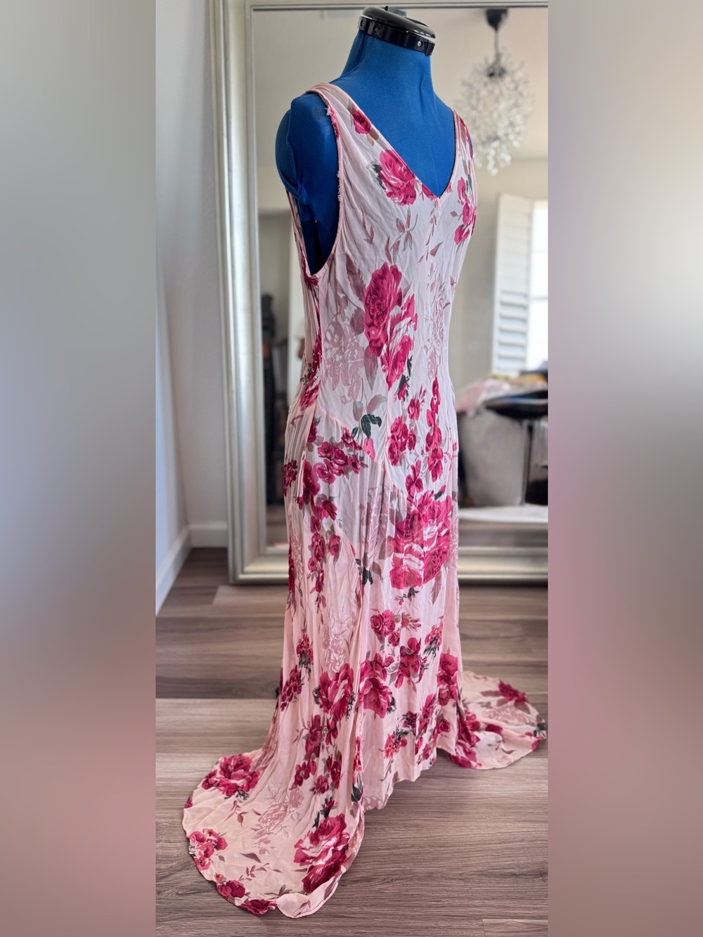 Romantic Pink Floral Maxi Dress Cowl Back Sheer whimsy Cottage Fairycore Y2K